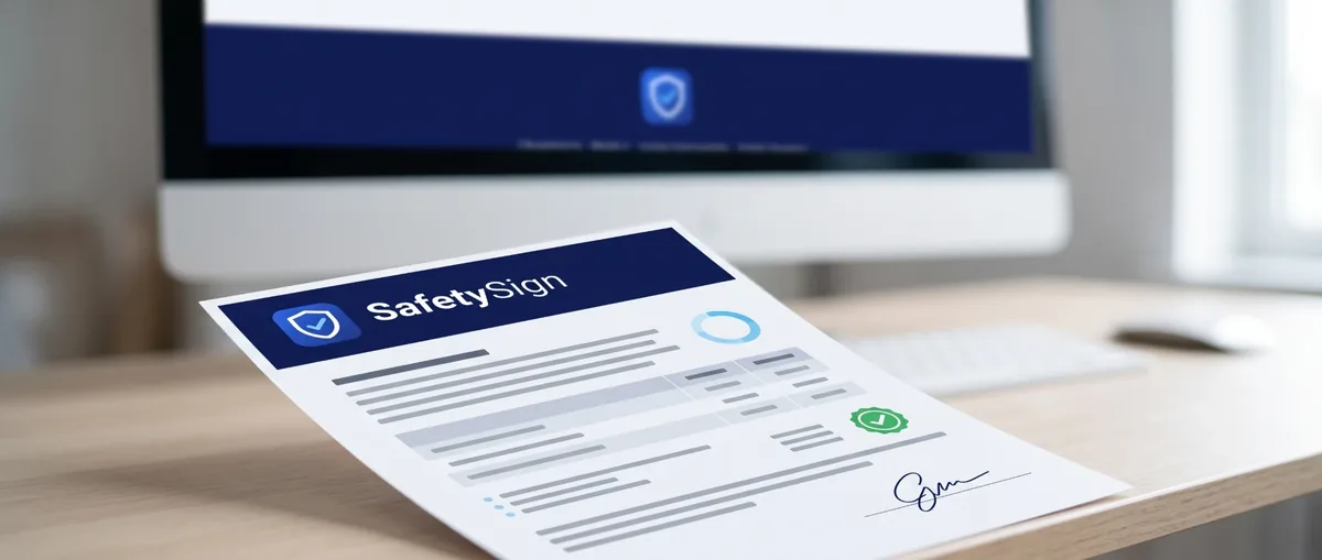 דוח PDF ממותג של SafetySign מודפס על שולחן עבודה, ברקע מסך עם המערכת