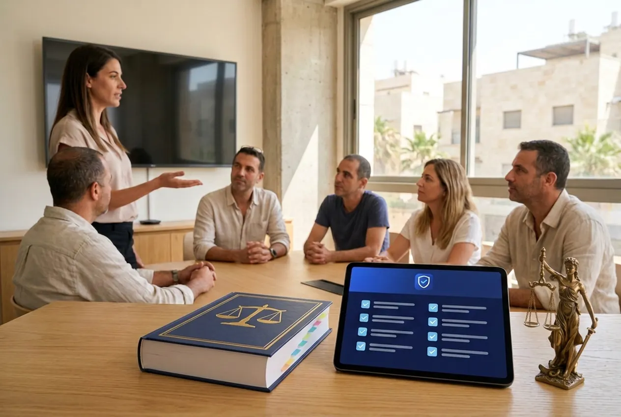 ישיבת צוות על תקנות הבטיחות - ספר חוק וטאבלט עם רשימת דרישות במערכת